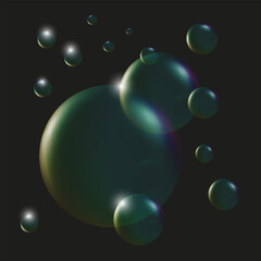 Wall Mural - Set of vector isolated transparent 3d bubbles on dark background. Set of abstract soap or glass bubbles.