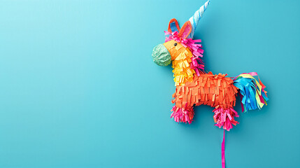 Cinco de Mayo Celebration Poster: Vibrant, Festive Pinata in Flat Lay Style on a Vivid Blue Background, Representing Traditional Mexican Culture and Festivities