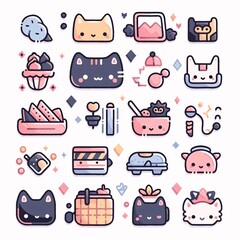 Cute cat icons set. Vector illustration in line art style.