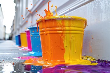 A bucket full of paint in front of a white house facade, with bold colors being poured onto the facade, featuring splashes and droplets of paint sticking to it