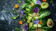 A creative vegan recipe presentation, showing a deconstructed salad with raw Brussels sprouts leaves, avocado cubes, and quinoa, decorated with edible flowers for a modern culinary art look