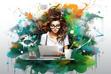 Wall Mural - A woman sitting at a table with a laptop