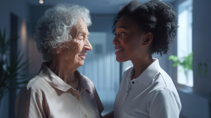 Canvas Print - A senior woman and a younger woman stand together in a warm, sunlit hallway.