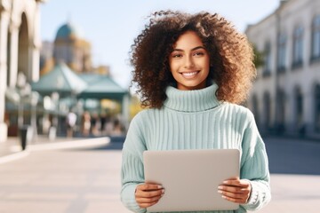 Wall Mural - A woman with curly hair holding a laptop, suitable for business or technology concepts