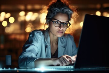 Wall Mural - A woman in glasses typing on a laptop