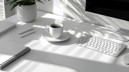 Poster - A cup of coffee sits amongst office essentials on a white desk.