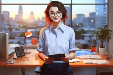 Wall Mural - Woman using tablet by window, suitable for technology concepts