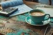 Close-up of coffee cup on wooden table - A vibrant image showcasing a freshly brewed cup of coffee placed on a rustic wooden table