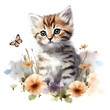 Watercolor Cute Kitten Clipart With Flowers