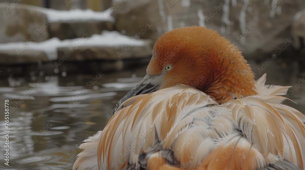 a close up of a bird in a body of water with a waterfall in the ...