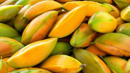 a pile of green and yellow fruit sitting on top of a pile of green and yellow fruit sitting on top of each other.