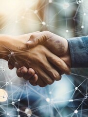 Handshake connecting over a digital network - A close-up of two hands shaking over a background with a digital network pattern, representing partnership and connectivity in the digital age