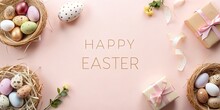 Easter Background With Gifts And Easter Eggs On Pastel Pink, Greeting Card, Festive, Holiday