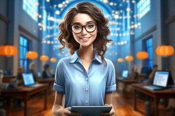 Wall Mural - A woman wearing glasses holding a tablet computer