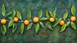 a painting of three oranges on a branch with green leaves on a green and blue background with green leaves.