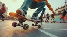 Young Skateboarder Rides His Skateboard In An Urban Setting. The Skateboarder Is Wearing Casual Clothes And A Helmet.