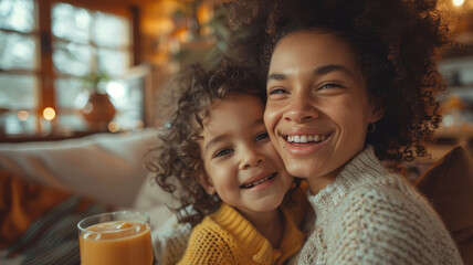 Wall Mural - Mother and daughter smiling at home