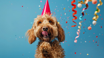 Poster - A dog wearing a party hat holds a ribbon streamer in its mouth.