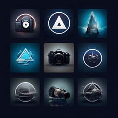 Photography icons and symbols set on dark background. Vector illustration.