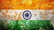 The image is a grunge texture of the flag of India. The flag is tricolor with saffron at the top, white in the middle, and green at the bottom.