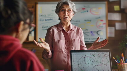 Canvas Print - An educator discusses a topic with visible graphs on the whiteboard behind her.