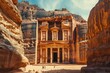 A diverse group of individuals stand together in front of a building, posing for a photo, The Al-Kazneh temple located in the ancient city of Petra, Jordan, AI Generated