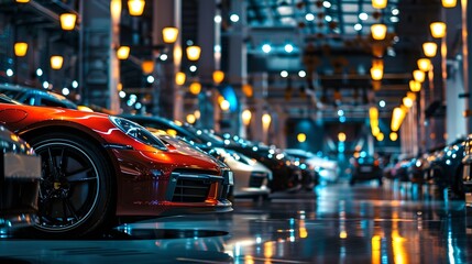 Sleek sports cars lined up at night on a city street. Urban elegance and automotive style captured in a vibrant photo. Ideal for modern lifestyle themes. AI