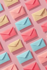 Poster - Various colored envelopes on a vibrant pink background. Ideal for stationery and mailing concepts