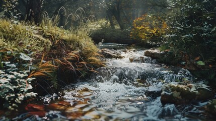 Aufkleber - A peaceful stream flowing through a vibrant forest. Perfect for nature and outdoor themed designs