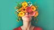Beautiful young woman with wildflowers covering her head on green background. Fashion beauty banner for cosmetics makeup mental health concept
