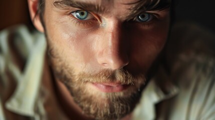 Poster - A detailed close-up of a man with striking blue eyes. Ideal for various marketing materials