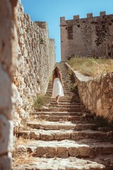 Poster - A woman in a white dress walking up stairs, suitable for various concepts