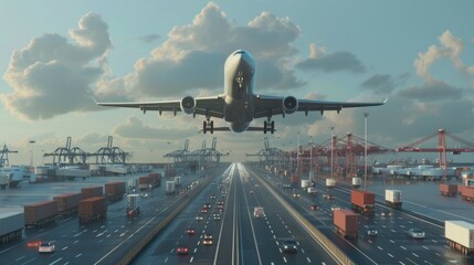 Poster - A large jetliner flying over a highway. Perfect for travel and transportation concepts
