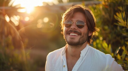 Aufkleber - A man wearing sunglasses and a white shirt. Suitable for fashion or summer-themed designs