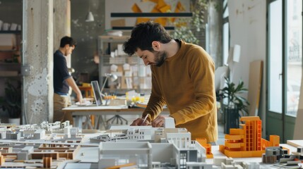 Poster - A man diligently working on a detailed model of a building. Suitable for architectural, construction, and engineering concepts