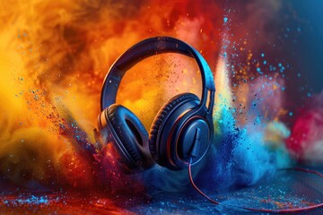 Aufkleber - Headphones placed on a table, suitable for technology concepts