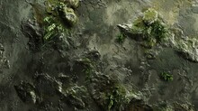 The Detailed Texture Of An Ancient Stone Wall With Moss And Lichen Growing On It.