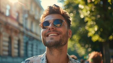 Aufkleber - A man wearing sunglasses and a shirt, perfect for lifestyle and fashion concepts