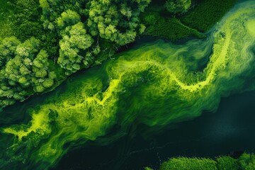 Poster - Aerial view of a tranquil lake surrounded by lush trees. Suitable for nature and travel concepts