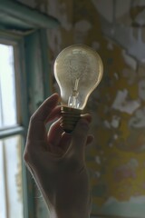 Poster - A person holding a light bulb in front of a window. Suitable for creative concepts