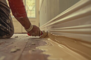 Sticker - A man using a paint brush to paint a wall. Suitable for construction or DIY projects