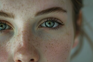 Poster - Close up of a woman's face with freckles, suitable for beauty and skincare concepts