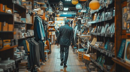 Poster - A man in a suit walking through a store. Suitable for business and retail concepts