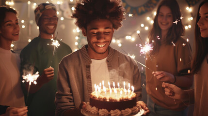 Wall Mural - A man holding a birthday cake with lit candles and sparklers surrounded by friends.