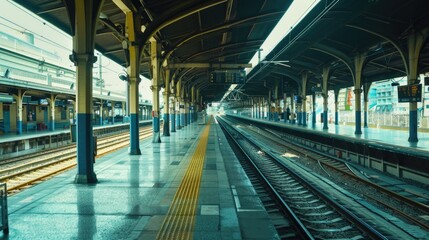 Poster - A train station with a train on the tracks, suitable for transportation concepts