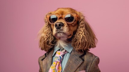 Aufkleber - A dog wearing a suit and sunglasses on a pink background. Perfect for pet fashion or business concept