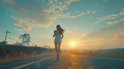 Poster - A woman running down a road at sunset. Perfect for health and wellness promotions