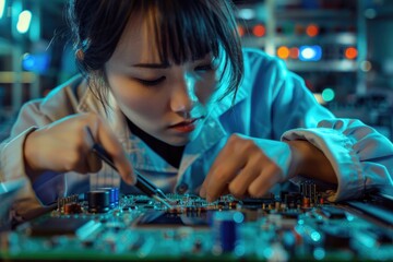 Aufkleber - A woman working on a computer motherboard. Can be used for technology concepts