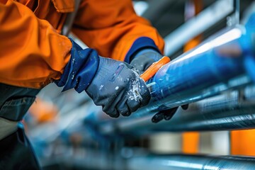 Poster - A man in an orange jacket and blue gloves working on a pipe. Suitable for industrial and construction concepts