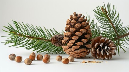 Poster - Pine cone, nuts, and pine tree branch on a white surface. Suitable for nature and holiday concepts